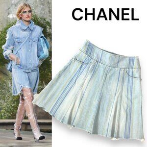 Authentic CHANEL RUNWAY CC Vintage Denim Striped Mini Skirt Light Blue Y2K  36